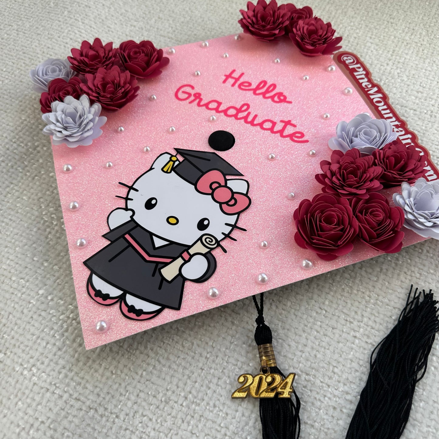 "Hello Graduate" Hot Pink Floral - Hello Kitty Themed Graduation Cap Topper