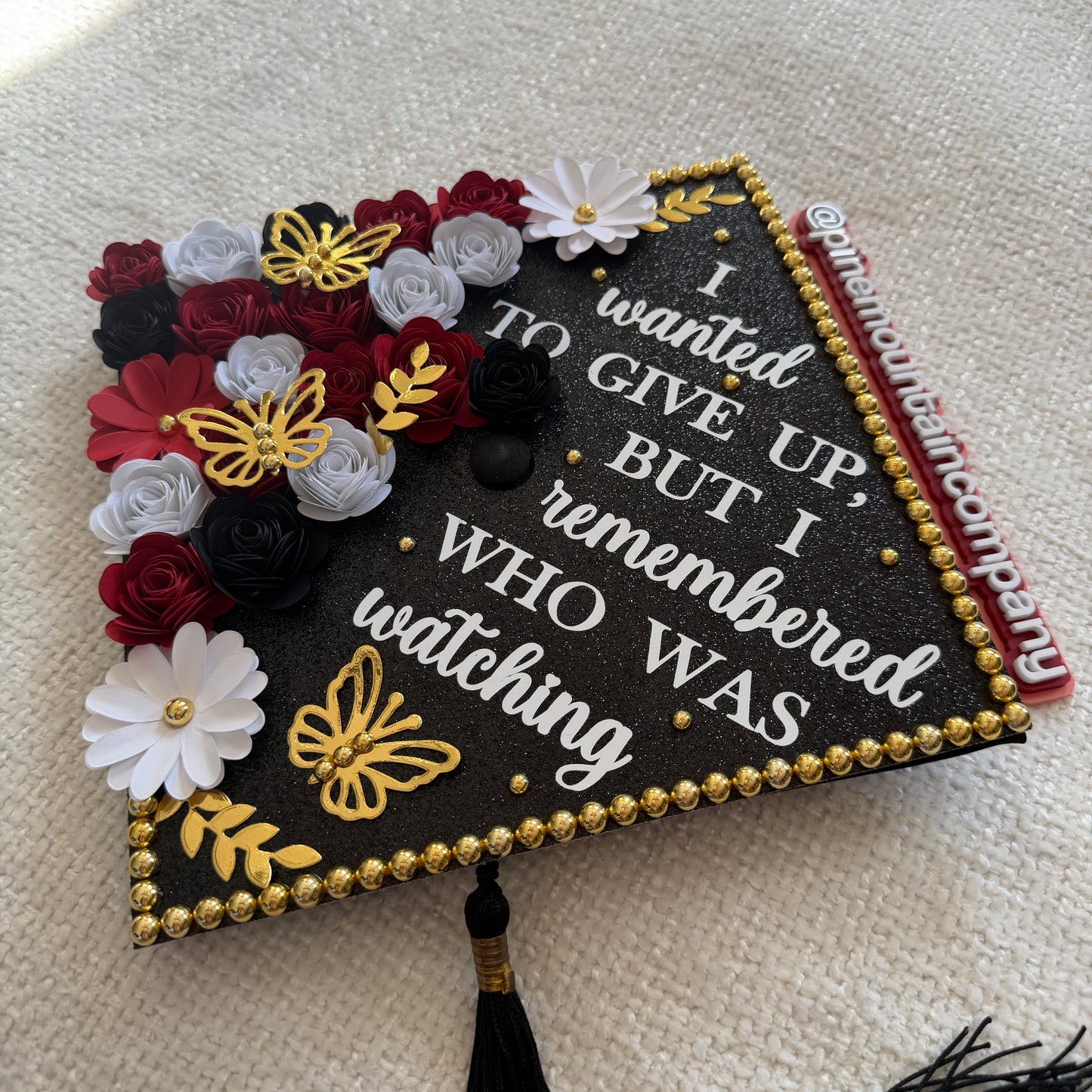Black, Red, and White Floral Premade Graduation Cap Topper
