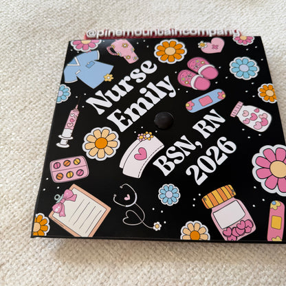 Retro Daisy Nursing RN Themed Printed Graduation Cap Topper