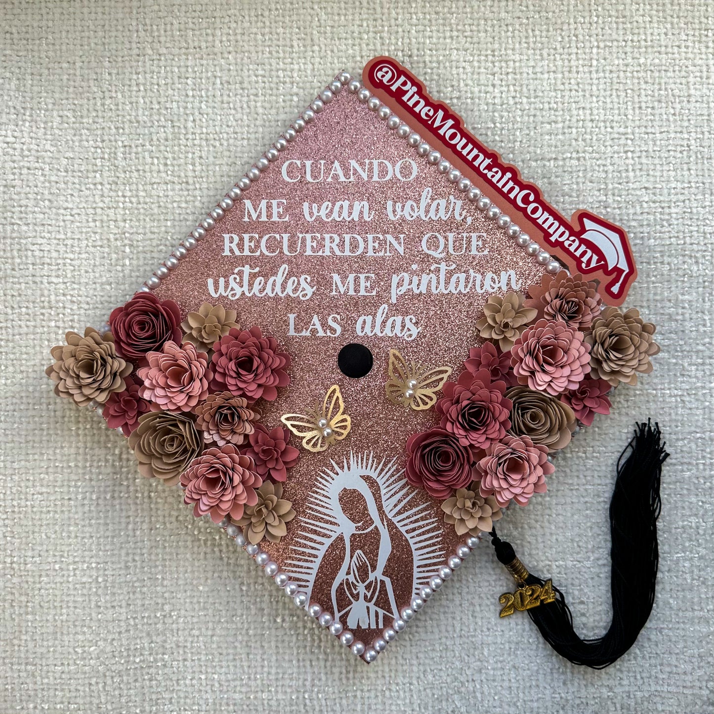 Pink and Cream Virgen Themed Graduation Cap Topper