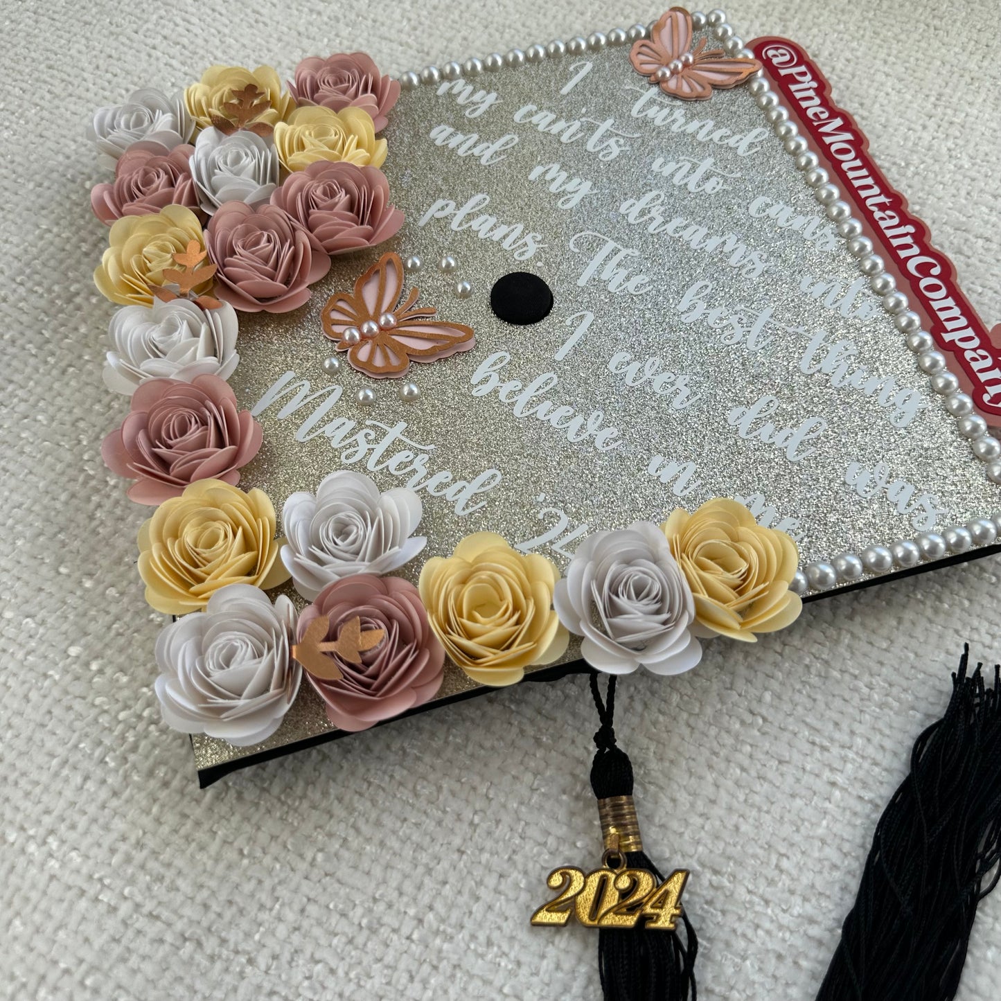 Gold, Pink, and White Graduation Cap Topper