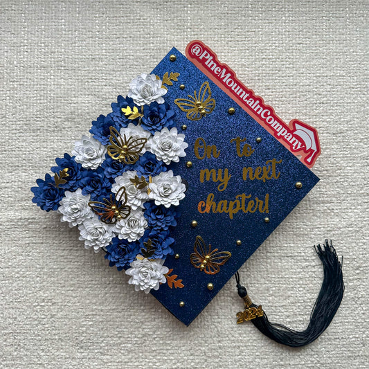 Navy and Gold "On To My Next Chapter" Floral Graduation Cap Topper