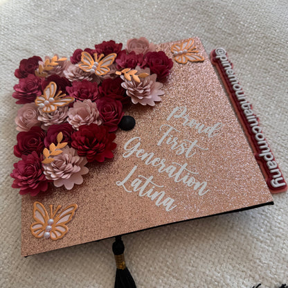 Red, Pink, and Rose Gold Premade Floral Graduation Cap Topper