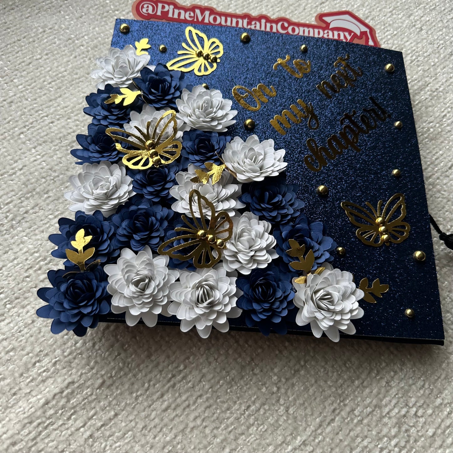 Navy and Gold "On To My Next Chapter" Floral Graduation Cap Topper