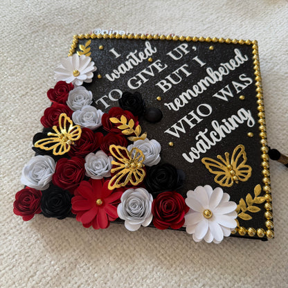 Black, Red, and White Floral Premade Graduation Cap Topper