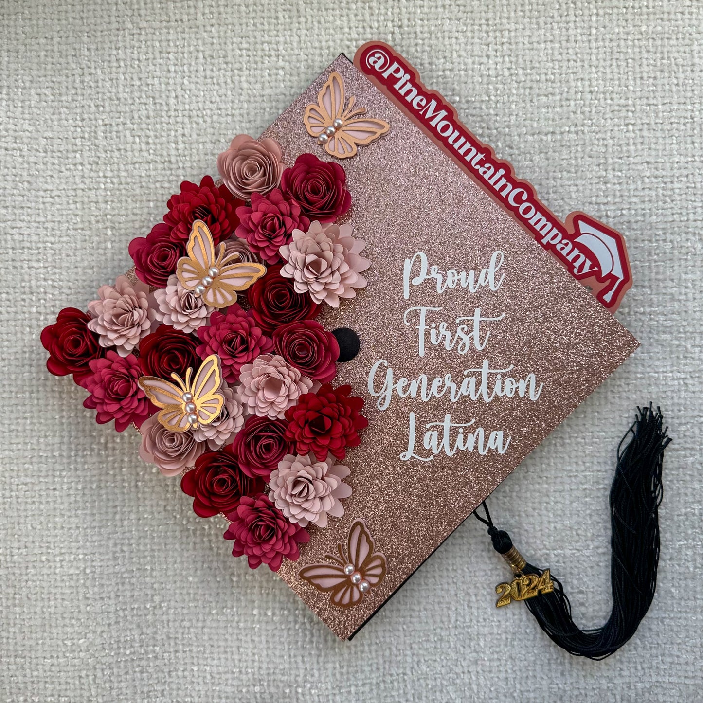 Red, Pink, and Rose Gold Floral Graduation Cap Topper