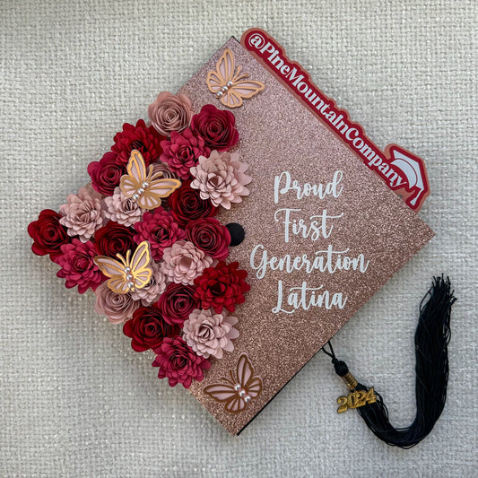 Red, Pink, and Rose Gold Floral Graduation Cap Topper