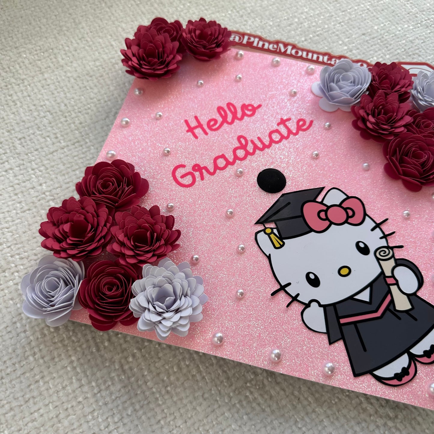 "Hello Graduate" Hot Pink Floral - Hello Kitty Themed Graduation Cap Topper