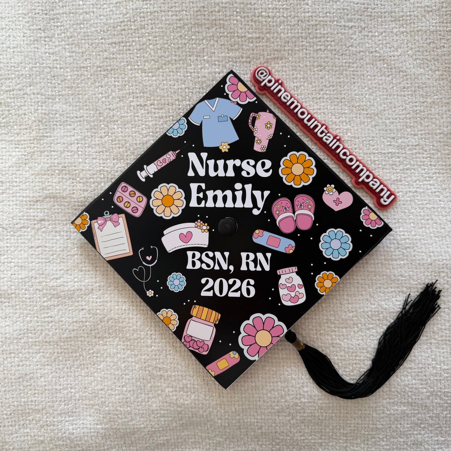 Retro Daisy Nursing RN Themed Printed Graduation Cap Topper