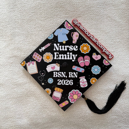 Retro Daisy Nursing RN Themed Printed Graduation Cap Topper