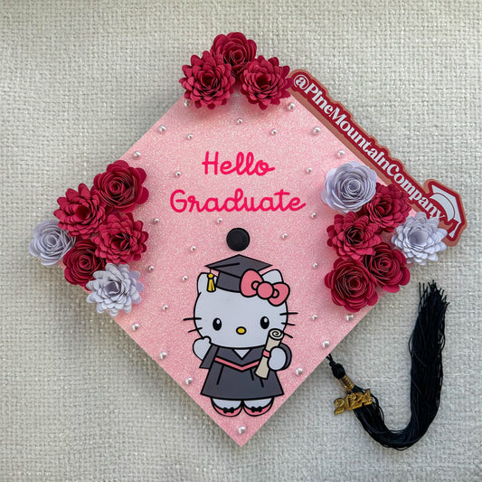 "Hello Graduate" Hot Pink Floral - Hello Kitty Themed Graduation Cap Topper