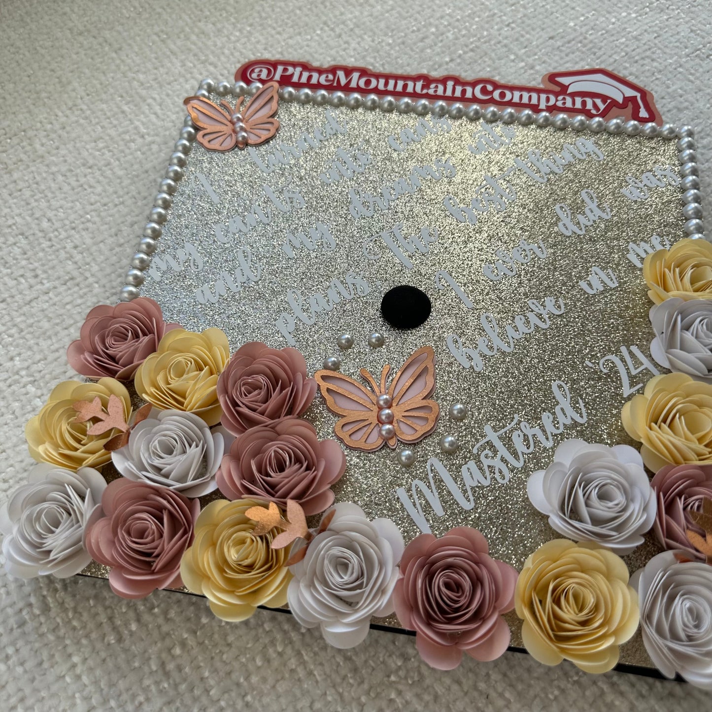 Gold, Pink, and White Graduation Cap Topper