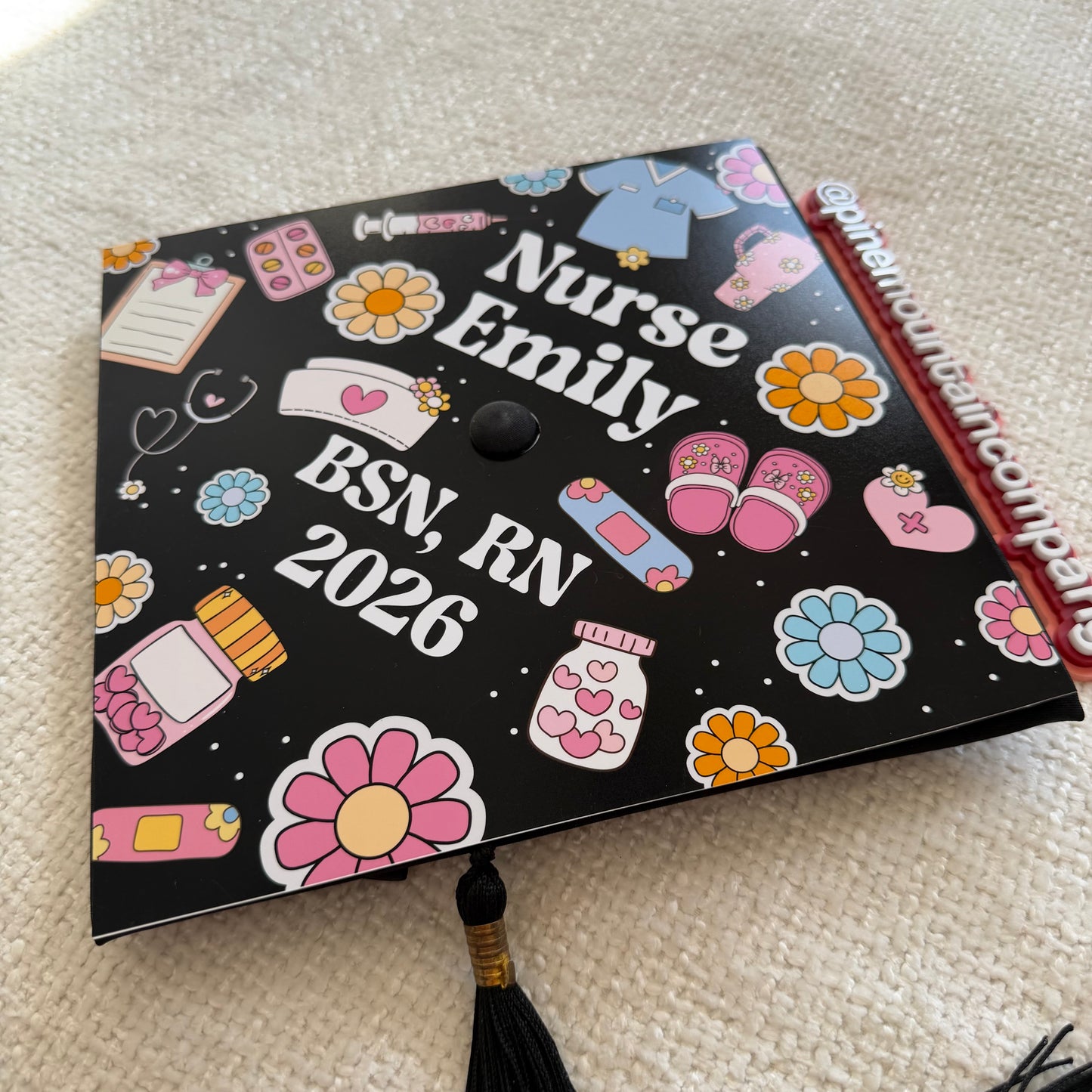 Retro Daisy Nursing RN Themed Printed Graduation Cap Topper