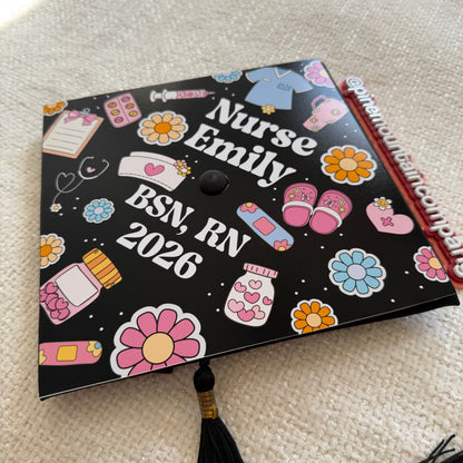 Retro Daisy Nursing RN Themed Printed Graduation Cap Topper