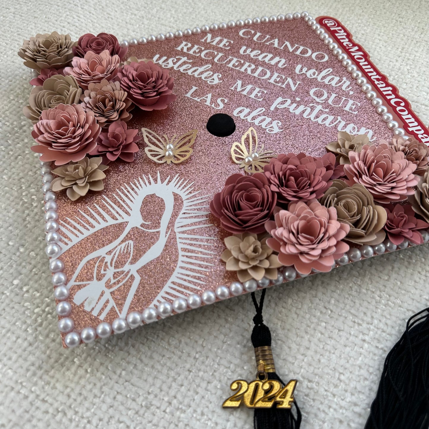 Pink and Cream Virgen Themed Graduation Cap Topper