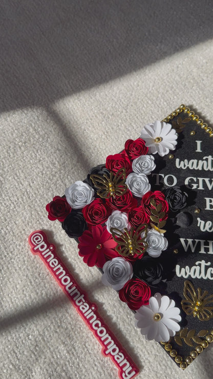 Black, Red, and White Floral Premade Graduation Cap Topper